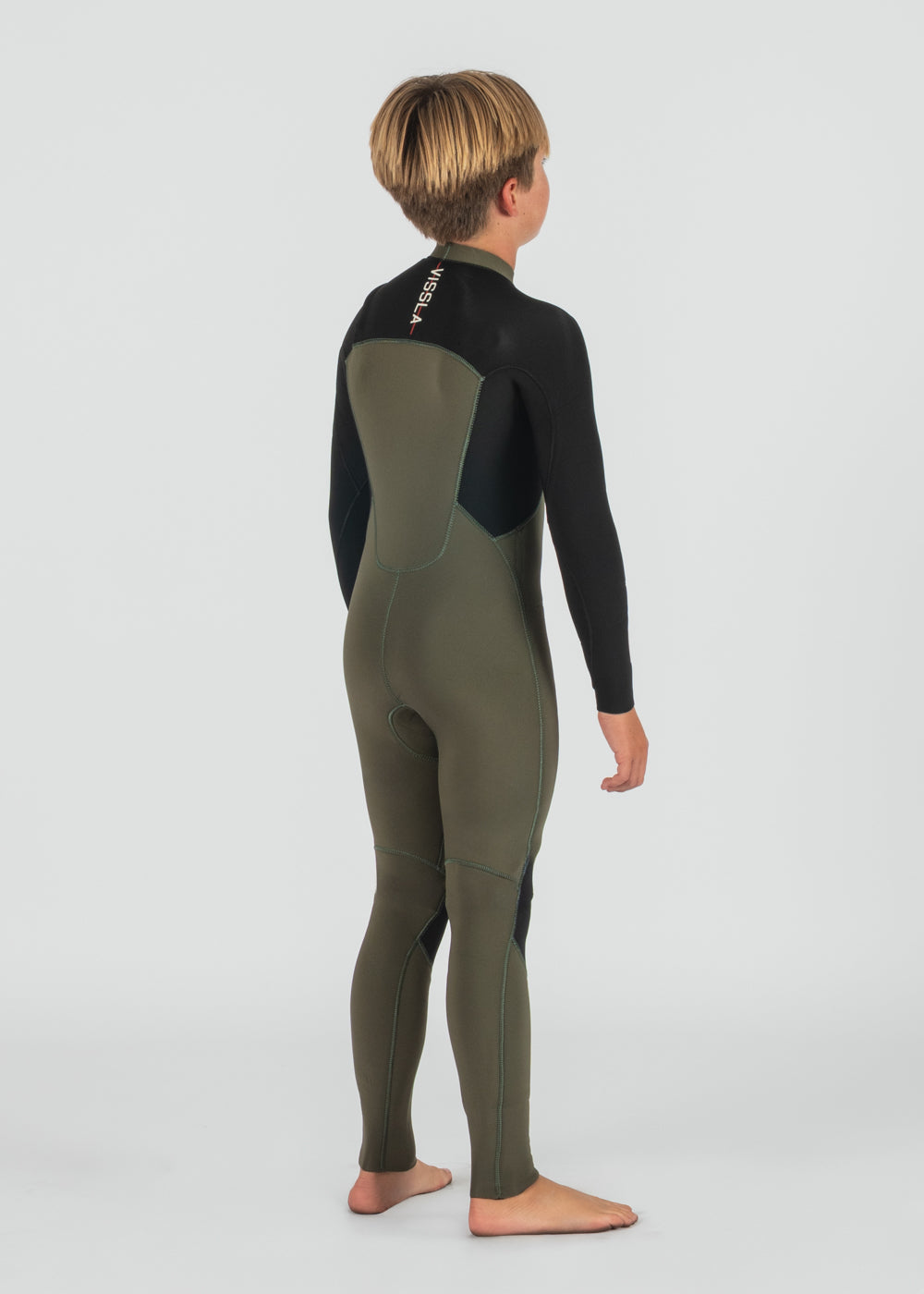Vissla 7 Seas Boys 4-3 Warbird Full Chest Zip Wetsuit in Military Green, view 3