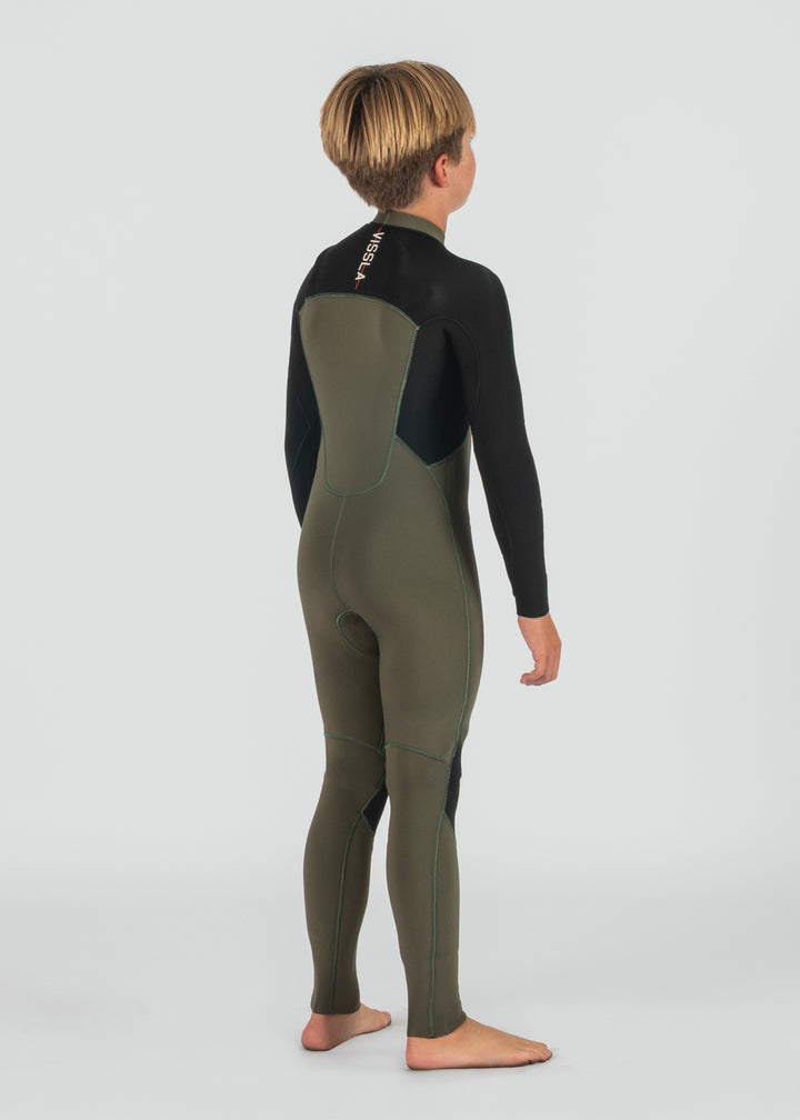 Vissla 7 Seas Boys 4-3 Warbird Full Chest Zip Wetsuit in Military Green, view 3