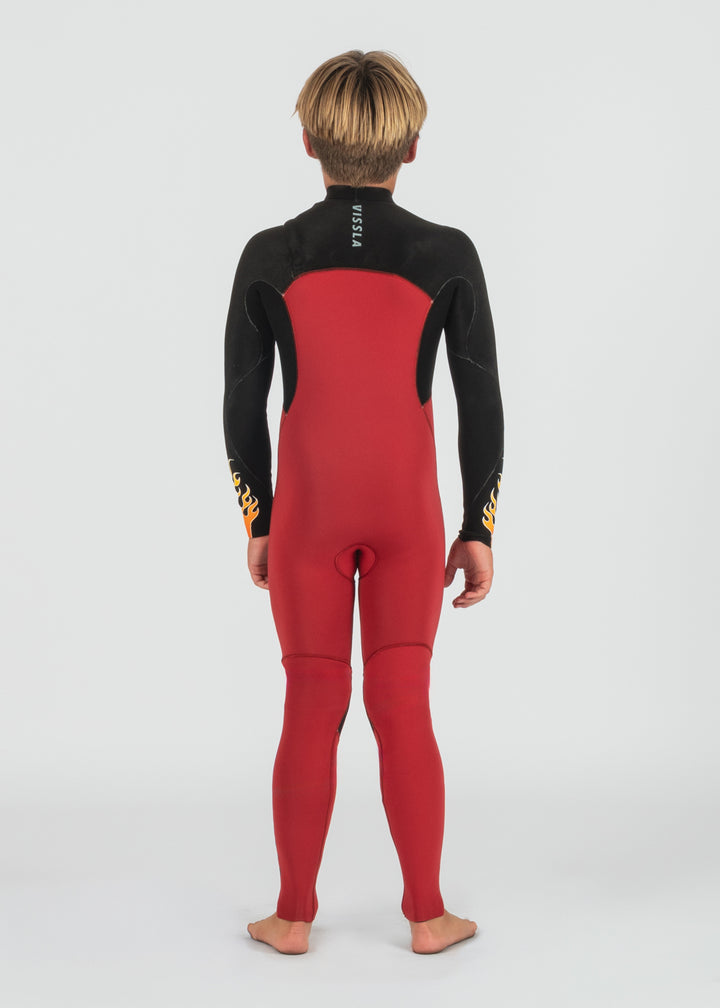 Vissla High Seas Boys Fire 3-2 Full Chest Zip Wetsuit in Red, view 3