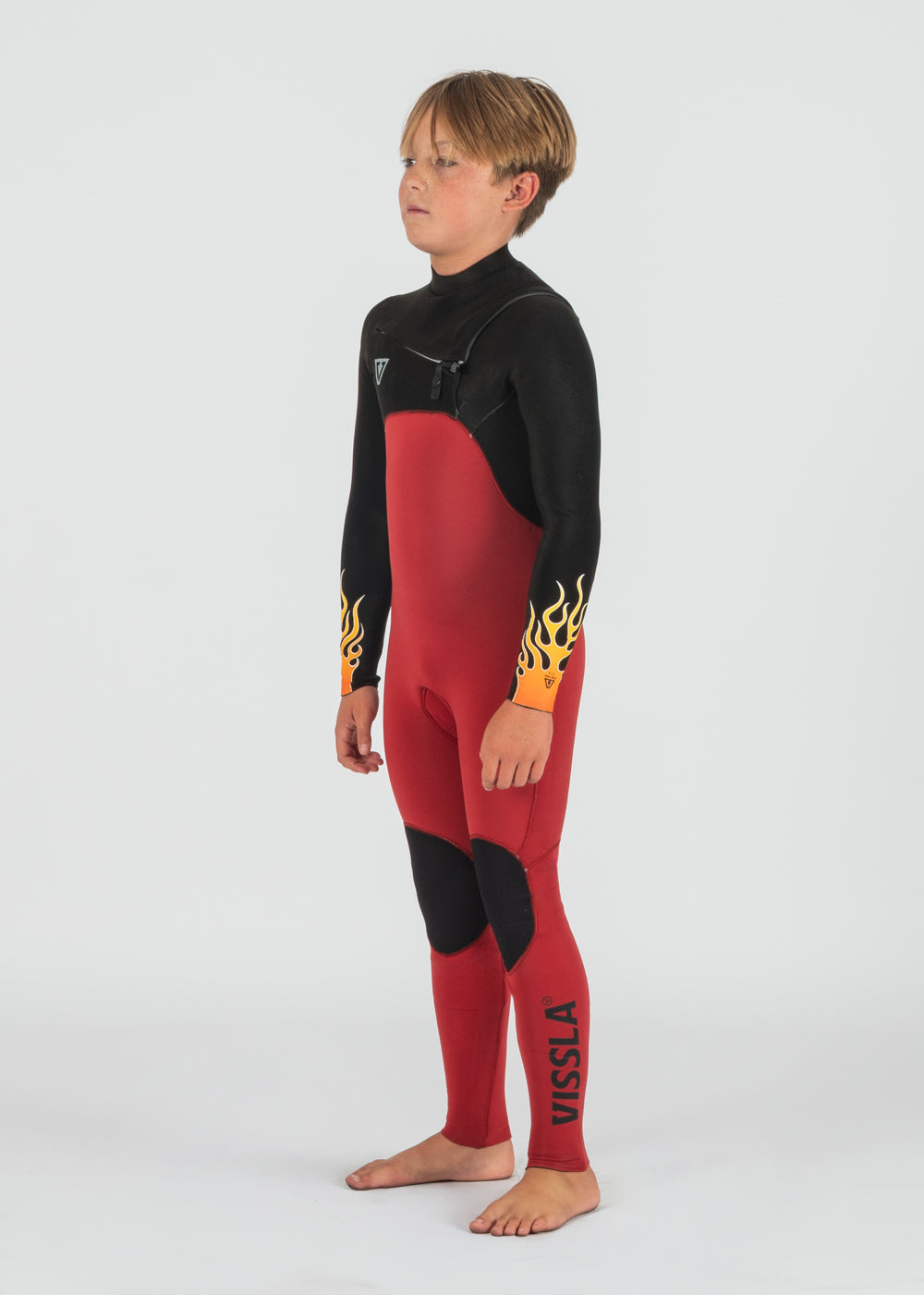 Vissla High Seas Boys Fire 3-2 Full Chest Zip Wetsuit in Red, view 4