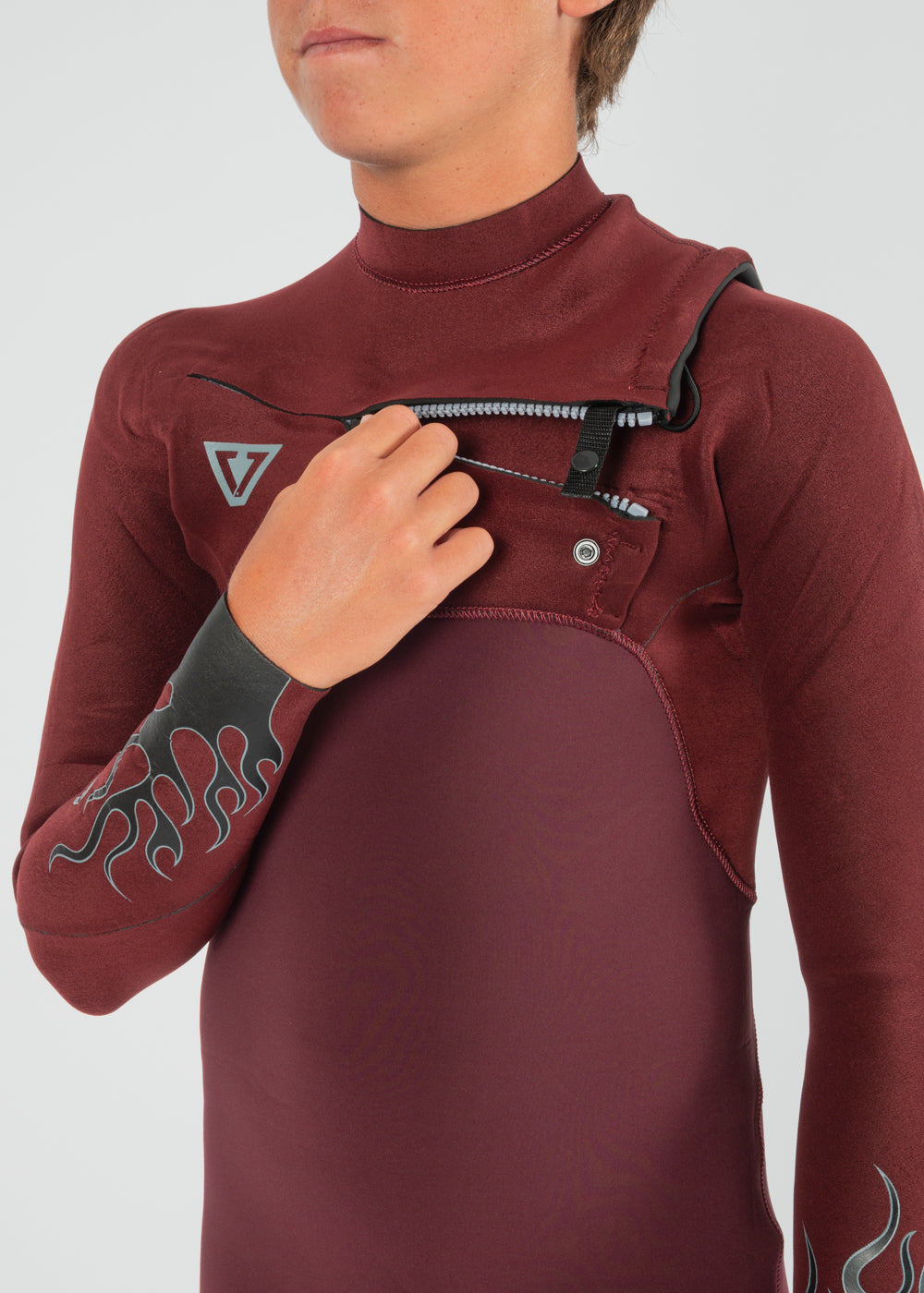 Vissla High Seas Boys Fire 3-2 Full Chest Zip Wetsuit in Wine, view 2
