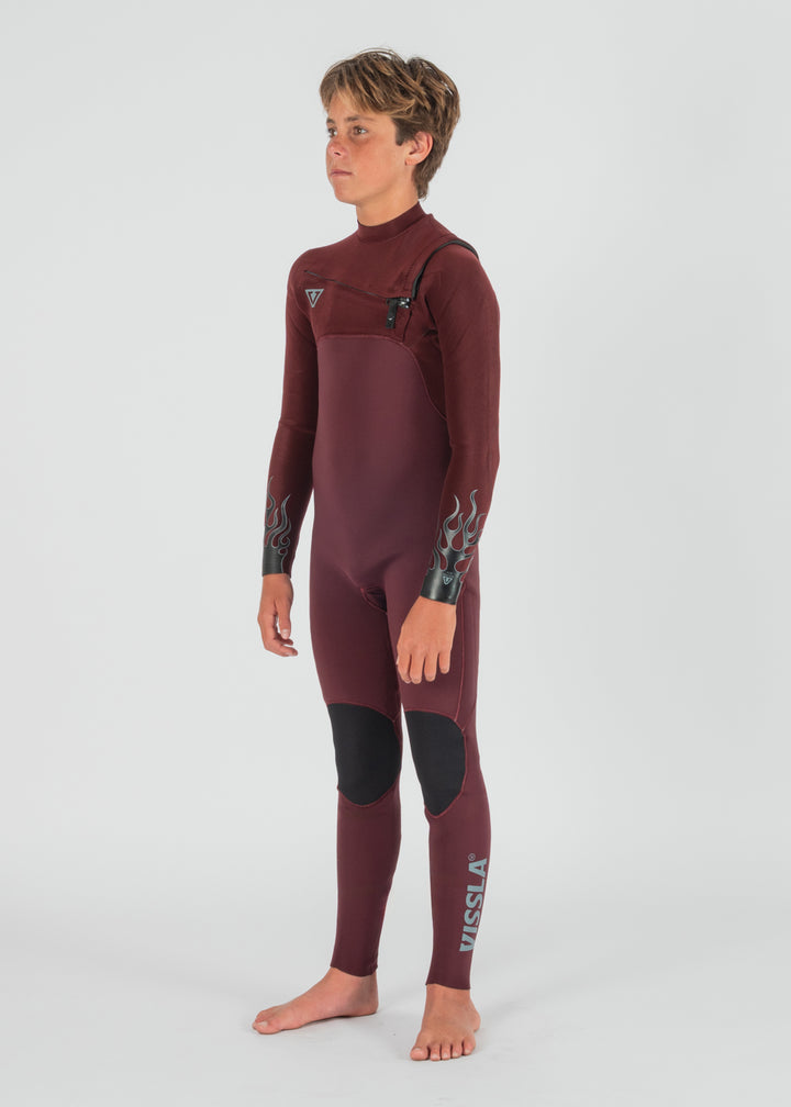 Vissla High Seas Boys Fire 3-2 Full Chest Zip Wetsuit in Wine, view 7
