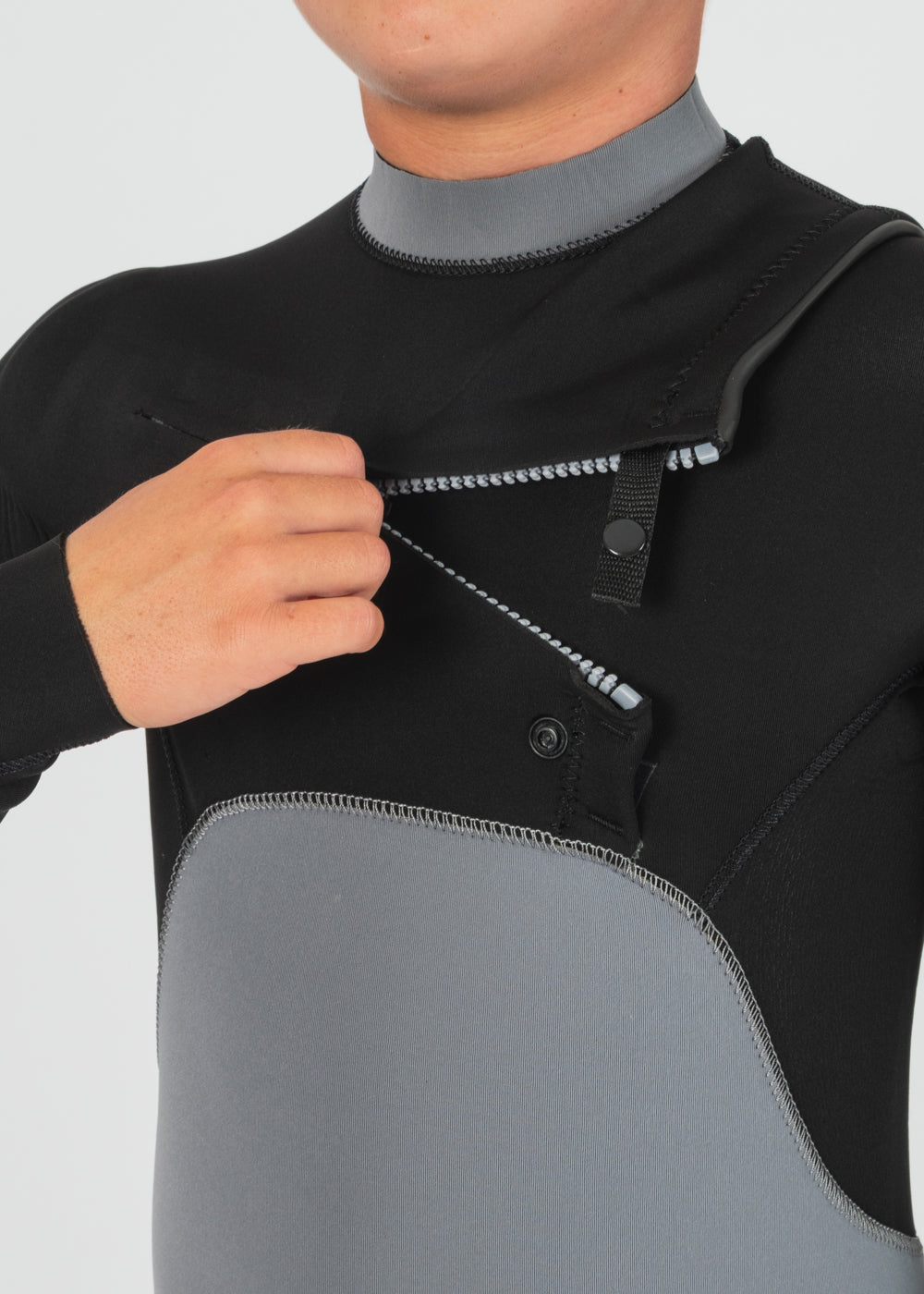 Vissla 7 Seas Boys 4-3 Bolt Full Chest Zip Wetsuit in Grey, view 4