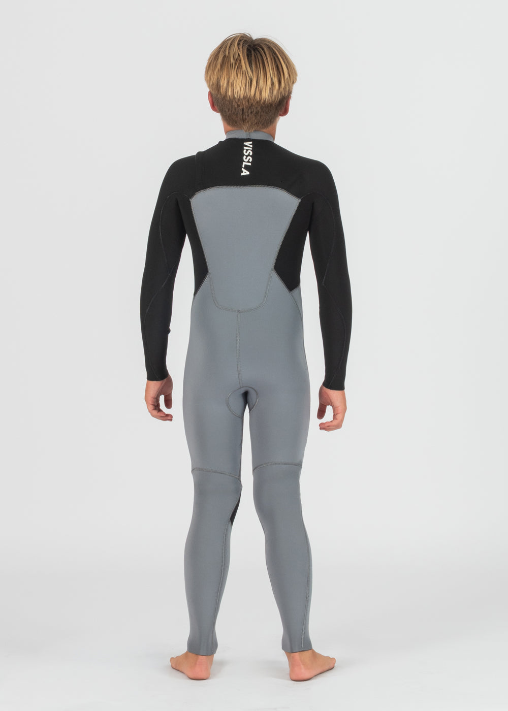 Vissla 7 Seas Boys 4-3 Bolt Full Chest Zip Wetsuit in Grey, view 2