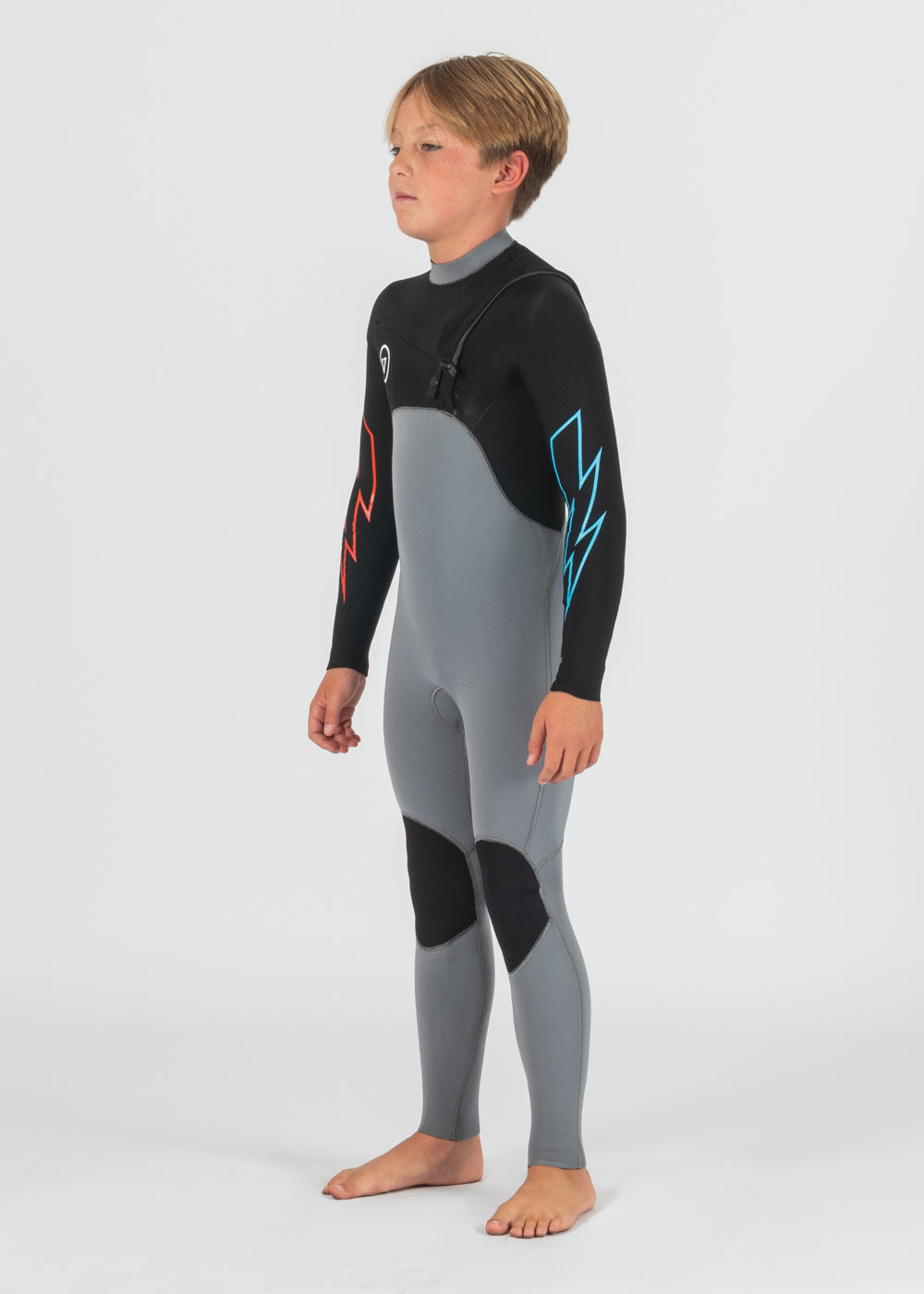 Vissla 7 Seas Boys 4-3 Bolt Full Chest Zip Wetsuit in Grey, view 5