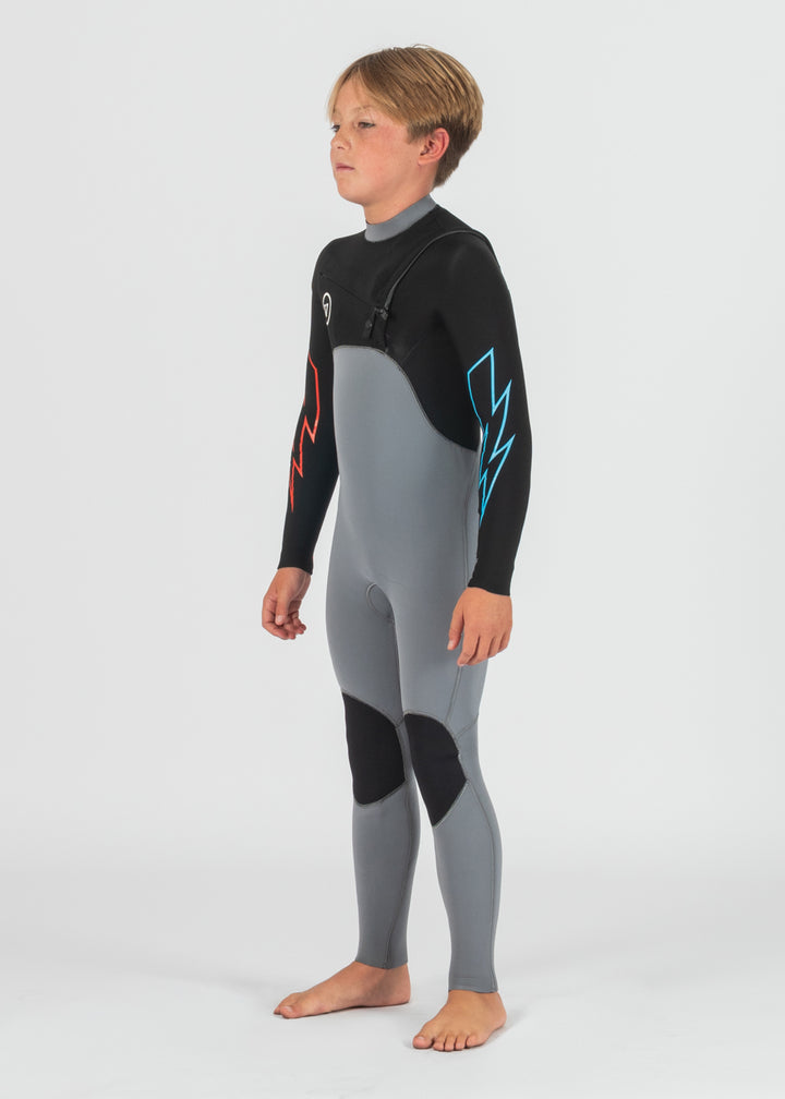 Vissla 7 Seas Boys 4-3 Bolt Full Chest Zip Wetsuit in Grey, view 5