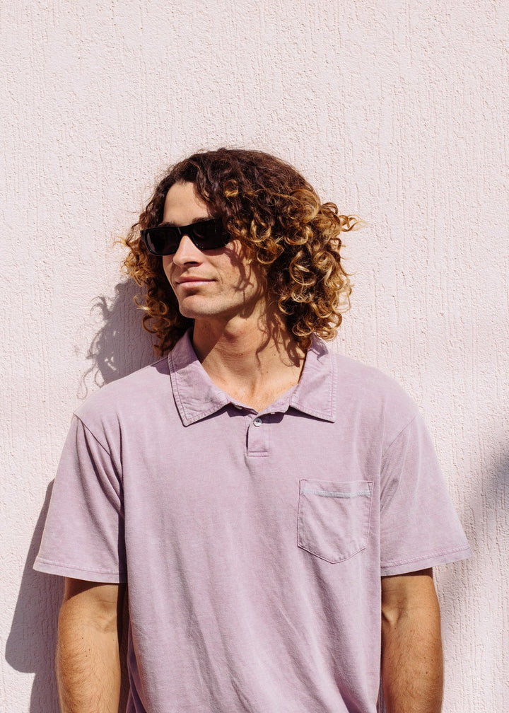 Vissla Solid Sets Cosmic Wash Polo Tee in Plum, view 2
