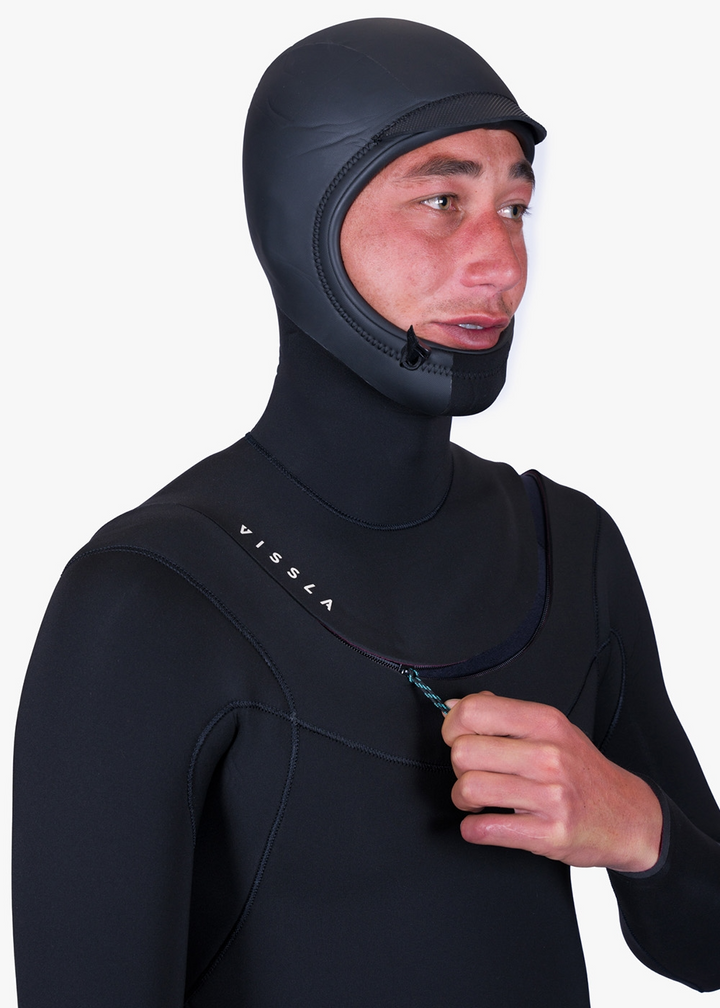 Vissla New Seas 4-3 Hooded U-Zip Full Wetsuit in Black, view 3