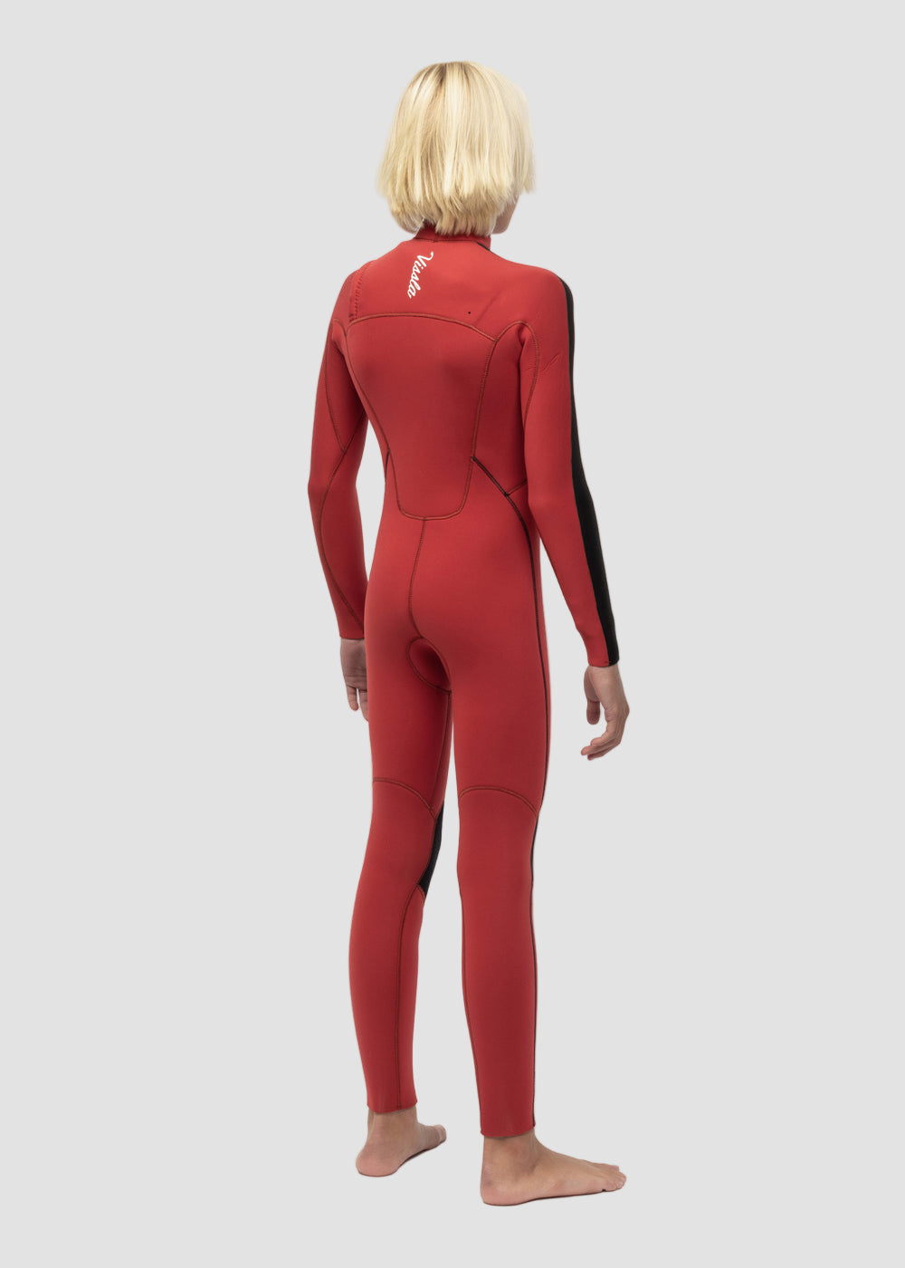 Vissla 7 Seas Striper Boys 4-3 Full Chest Zip Wetsuit in Red, view 3