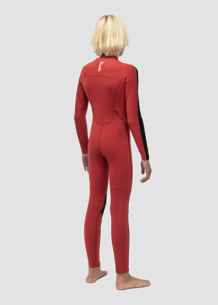 Vissla 7 Seas Striper Boys 4-3 Full Chest Zip Wetsuit in Red, view 3