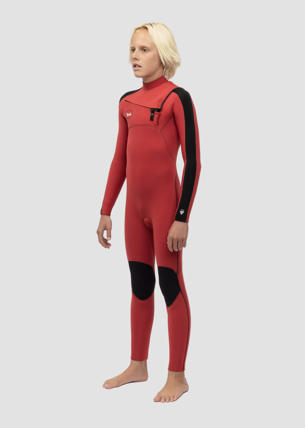 Vissla 7 Seas Striper Boys 4-3 Full Chest Zip Wetsuit in Red, view 2