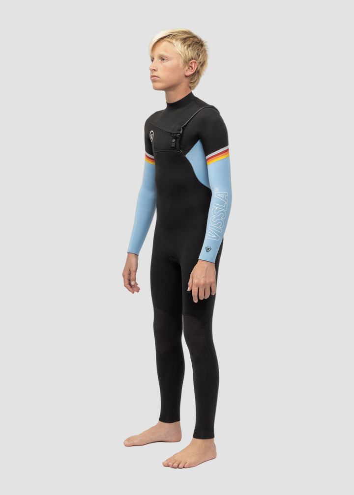 Vissla 7 Seas Boys Raditude 4-3 Full Chest Zip Wetsuit in Black with Blue, view 2