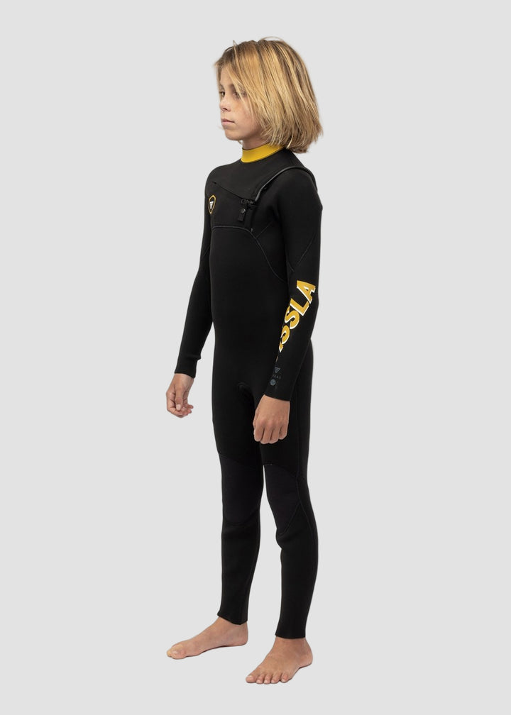 Vissla 7 Seas Boys 4-3 Full Chest Zip Wetsuit in Black with Gold, view 2