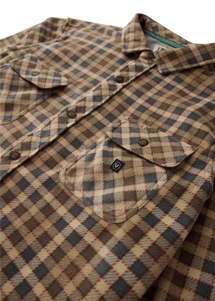 Vissla Eco-Zy Long Sleeve Polar Flannel in Light Khaki, view 3