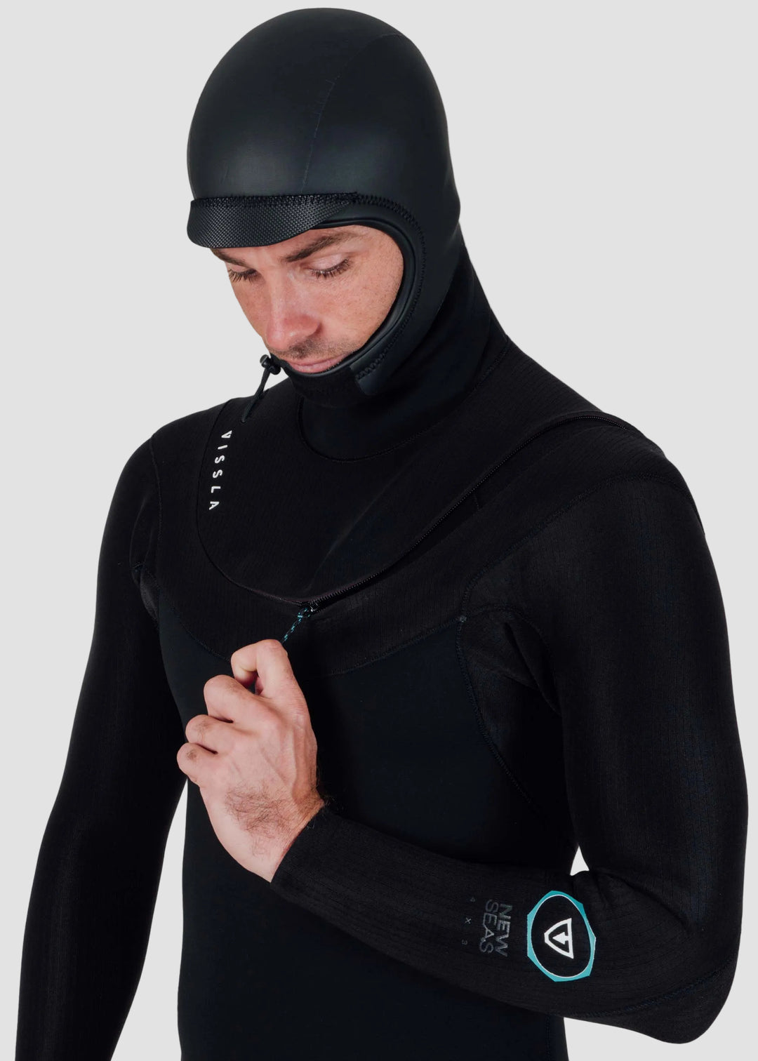 Vissla New Seas 5-4 Hooded U-Zip Full Wetsuit in Black, view 7