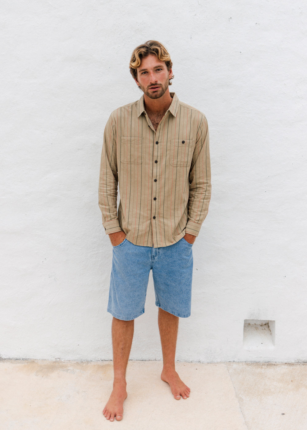 Vissla Rails Cord Printed Eco LS Shirt in Light Khaki, view 2