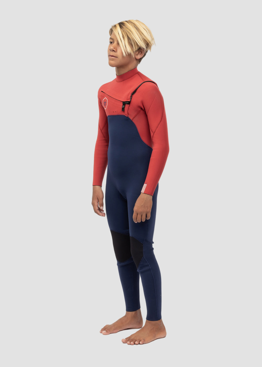 Vissla 7 Seas 3-2 Boys Chest Zip Full Wetsuit in Rusty Red, view 3