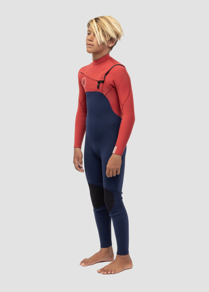 Vissla 7 Seas 3-2 Boys Chest Zip Full Wetsuit in Rusty Red, view 3