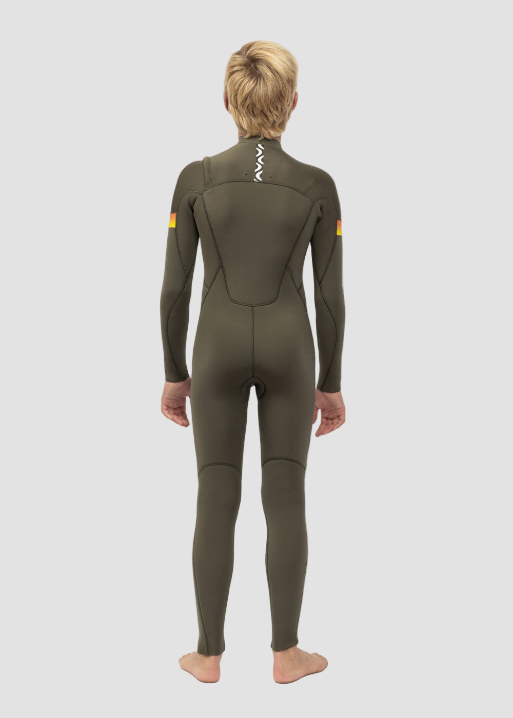 Vissla 7 Seas Boys Raditude 3-2 Full Chest Zip Wetsuit in Army, view 3