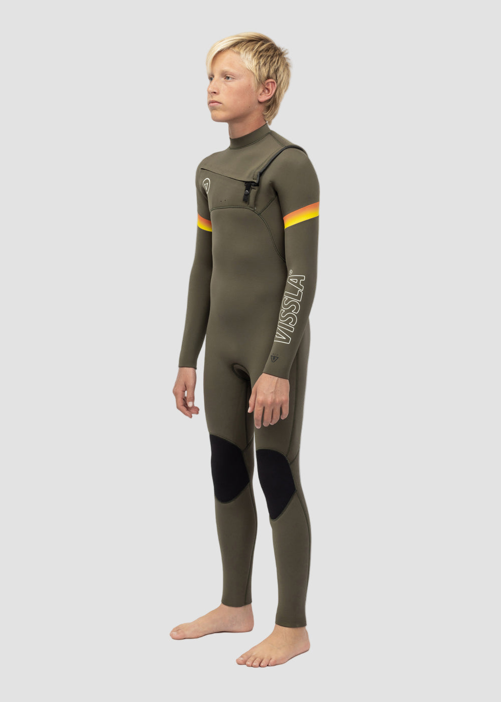 Vissla 7 Seas Boys Raditude 3-2 Full Chest Zip Wetsuit in Army, view 2