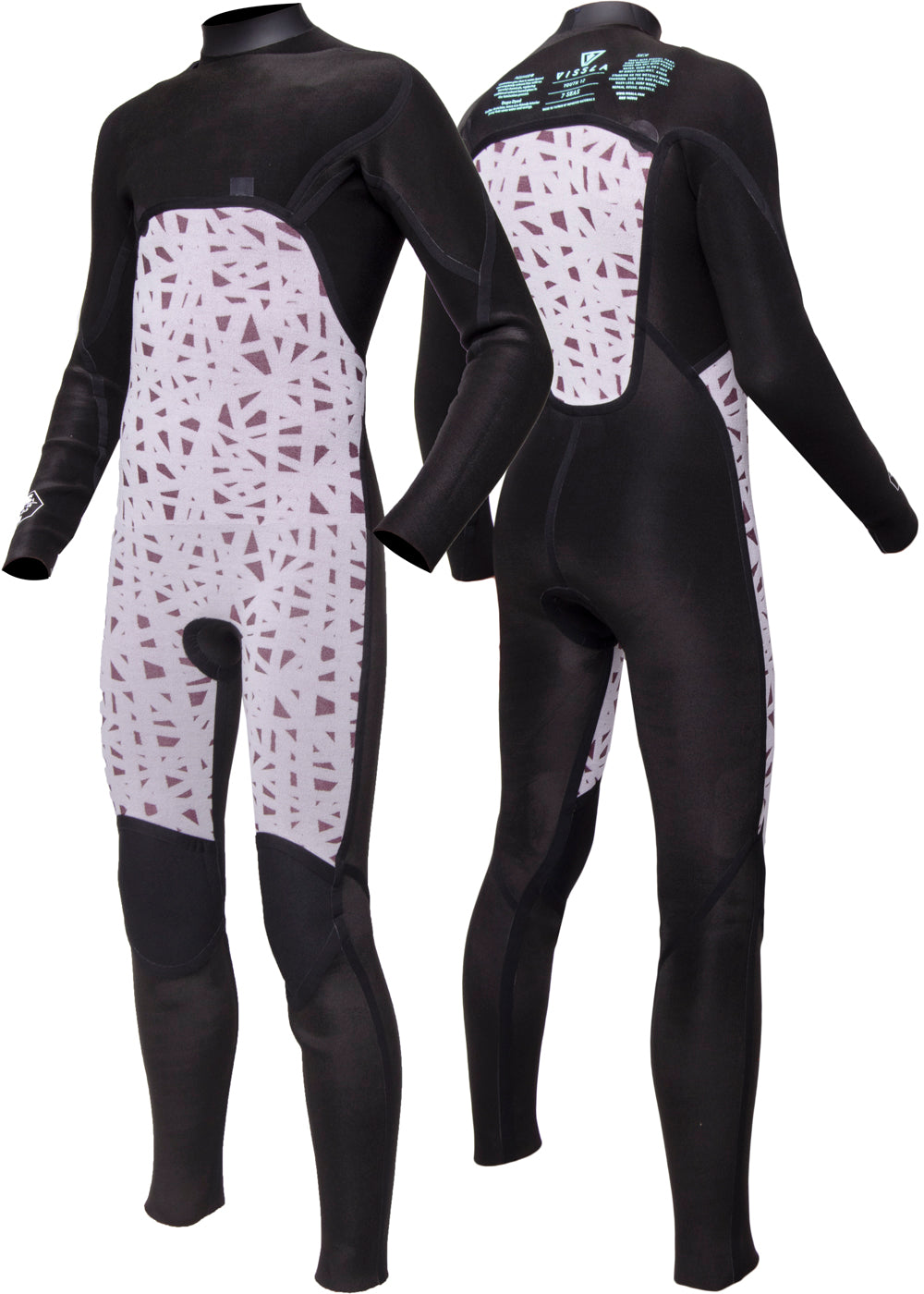 Vissla Harbor Blue 7 Seas Boys Raditude 3-2 Full Chest Zip Wetsuit. Front and Back View inside View.