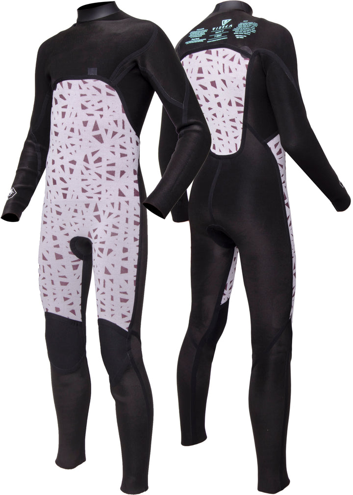 Vissla Harbor Blue 7 Seas Boys Raditude 3-2 Full Chest Zip Wetsuit. Front and Back View inside View.