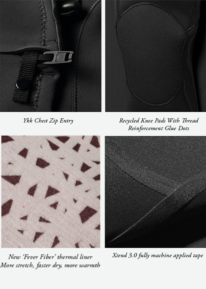Vissla Harbor Blue 7 Seas Boys Raditude 3-2 Full Chest Zip Wetsuit. Entry, Knee pads, Inside thermal liner, and Machine applied tape close ups