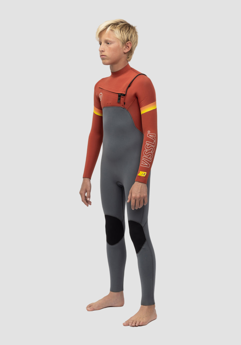 Vissla 7 Seas Boys Raditude 3-2 Full Chest Zip Wetsuit in Rust, view 3