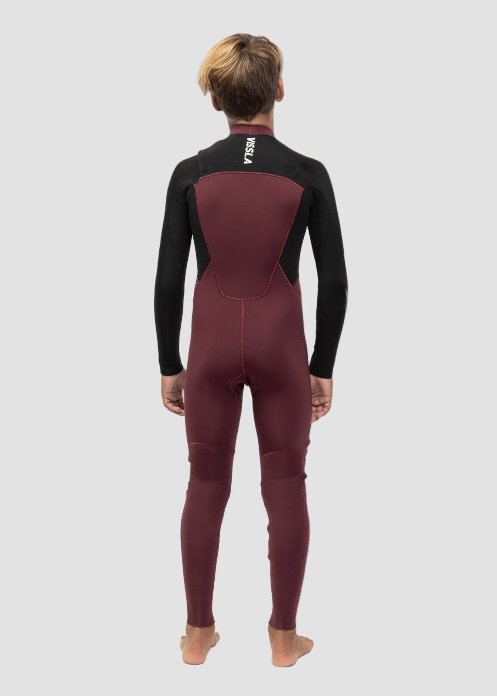 Vissla 7 Seas Boys 3-2 Bolt Full Chest Zip Wetsuit in Wine, view 3