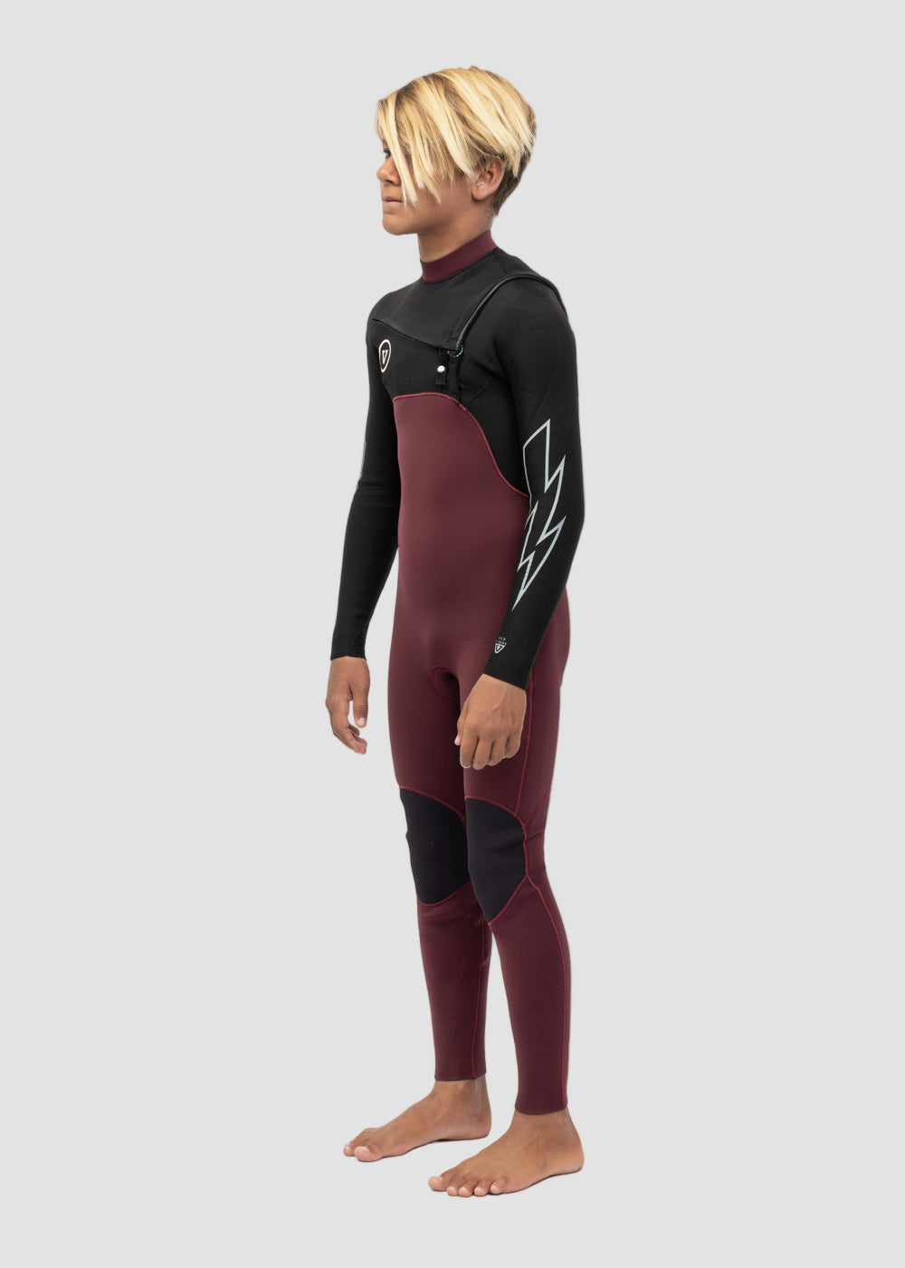 Vissla 7 Seas Boys 3-2 Bolt Full Chest Zip Wetsuit in Wine, view 2