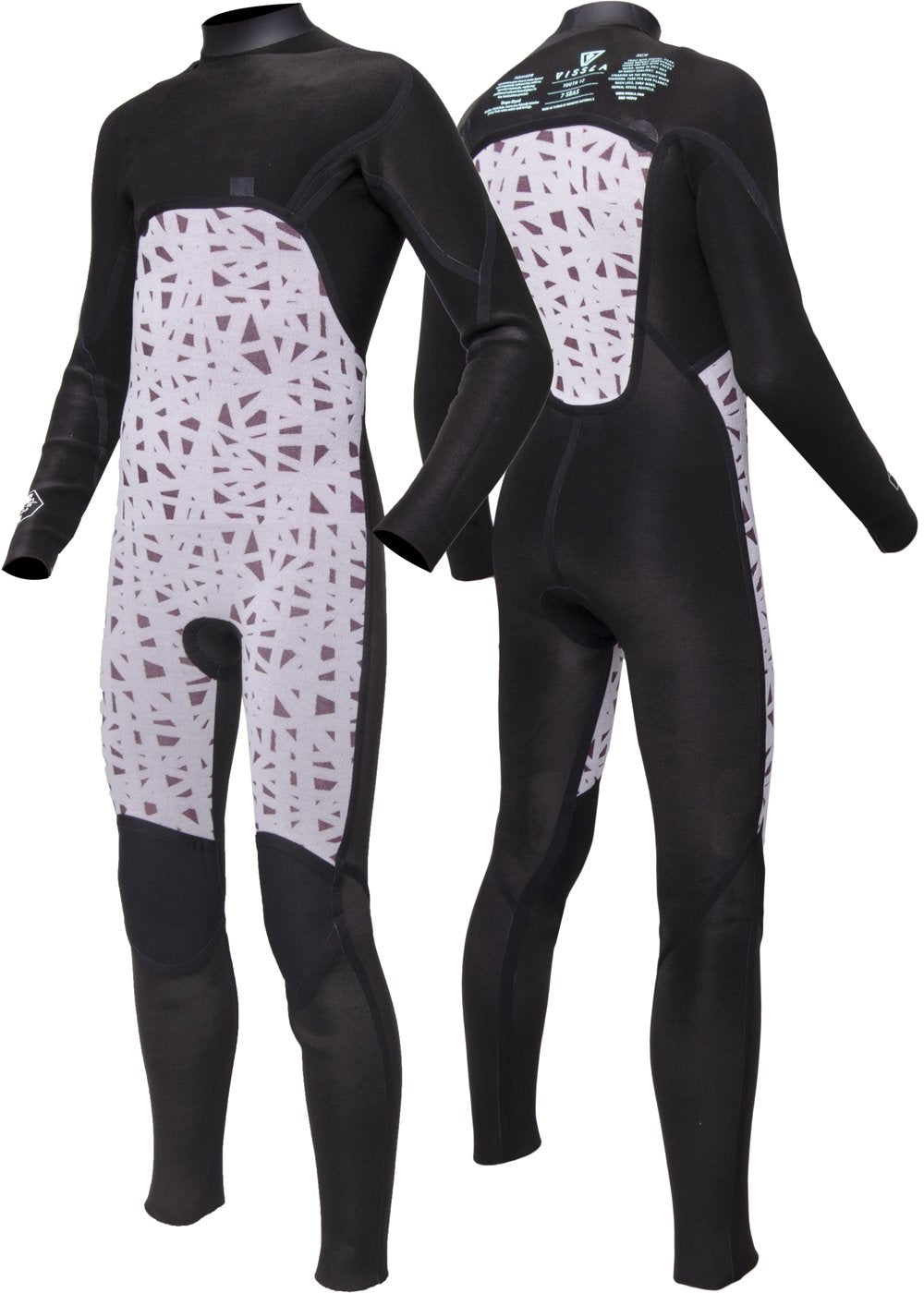 Vissla Boys black 7 Seas 3-2 chest zip full wetsuit. front and back inside view