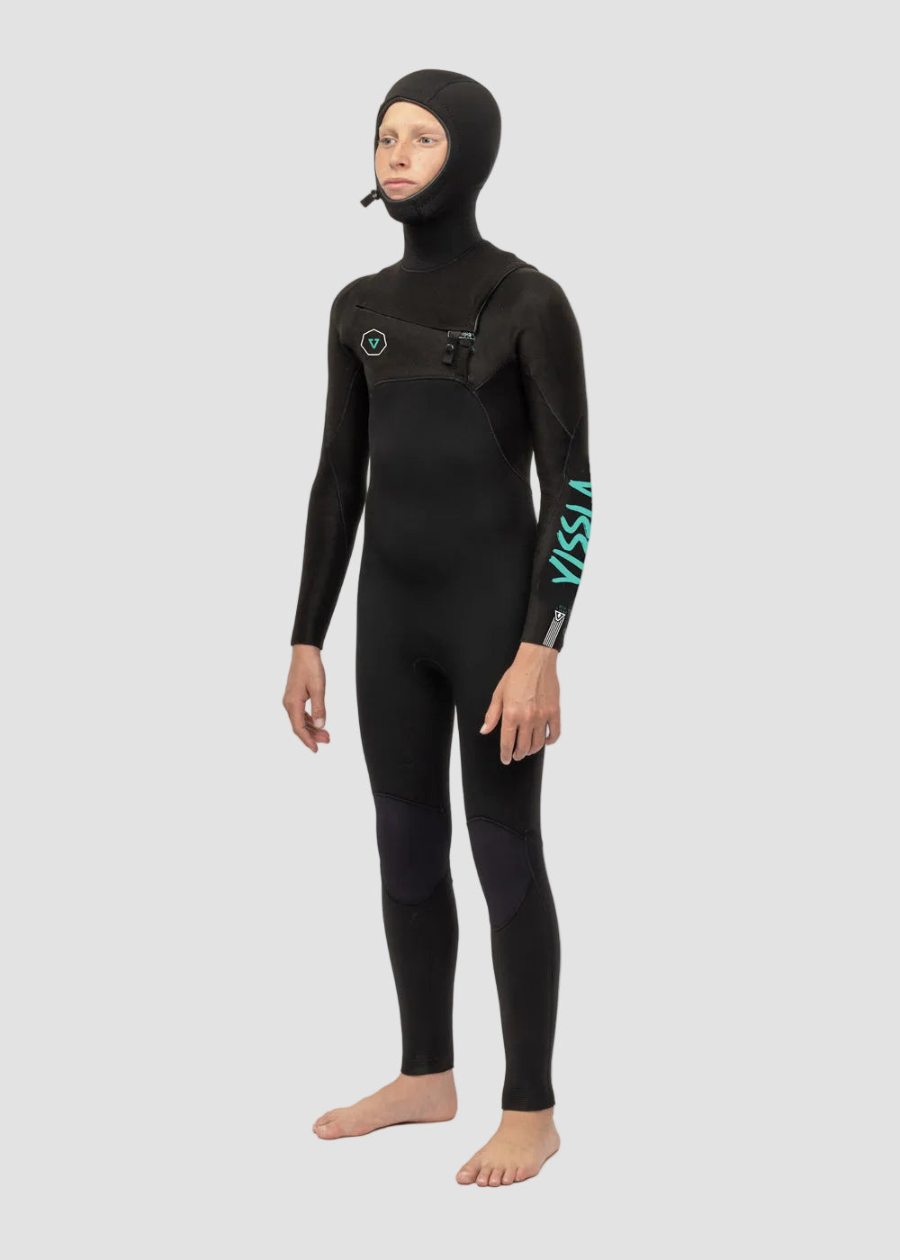 Vissla 7 Seas Boys 5-4-3 Full Hooded Chest Zip Wetsuit in Phantom, view 2